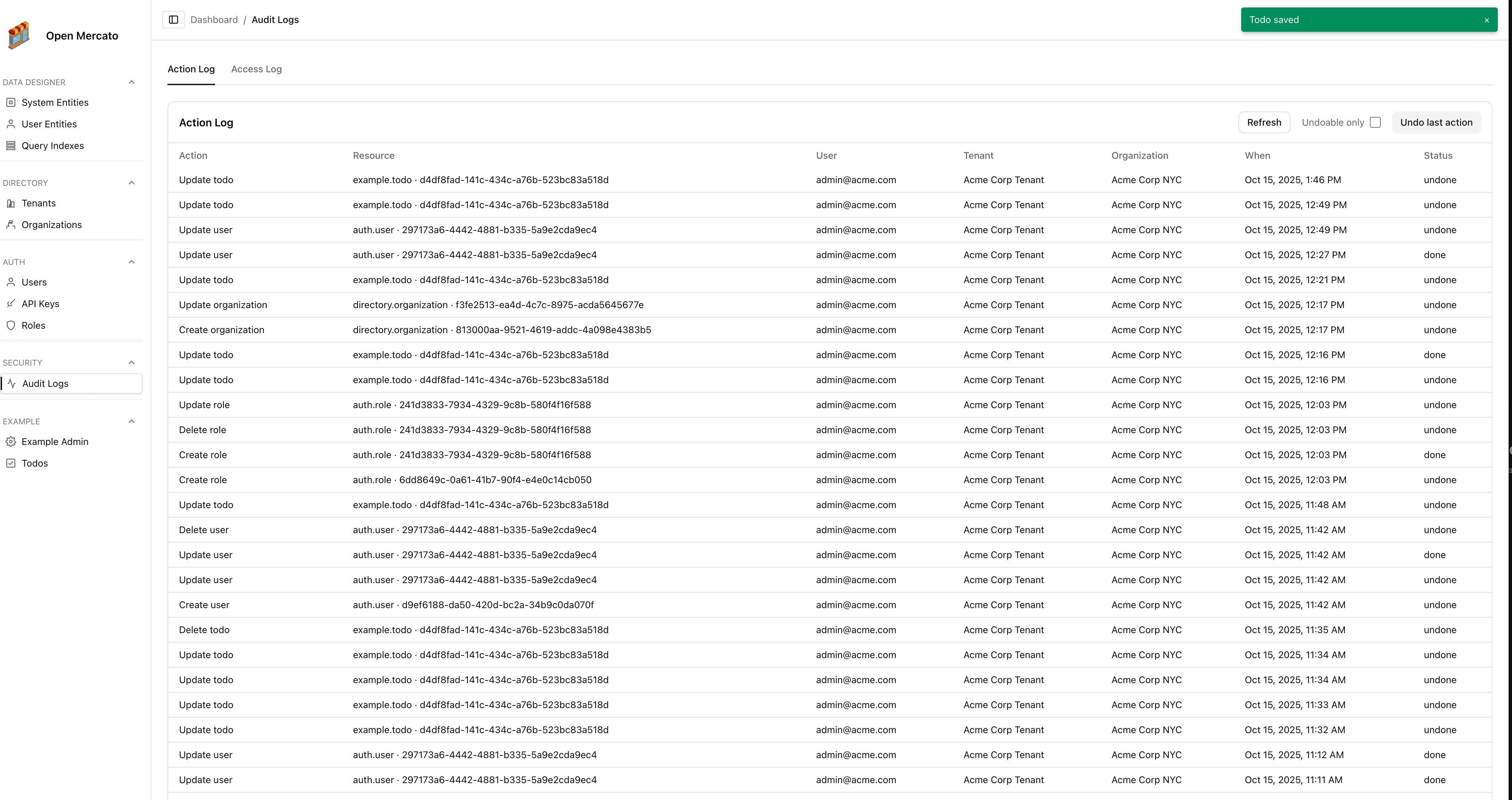 Audit log timeline showing undoable entries