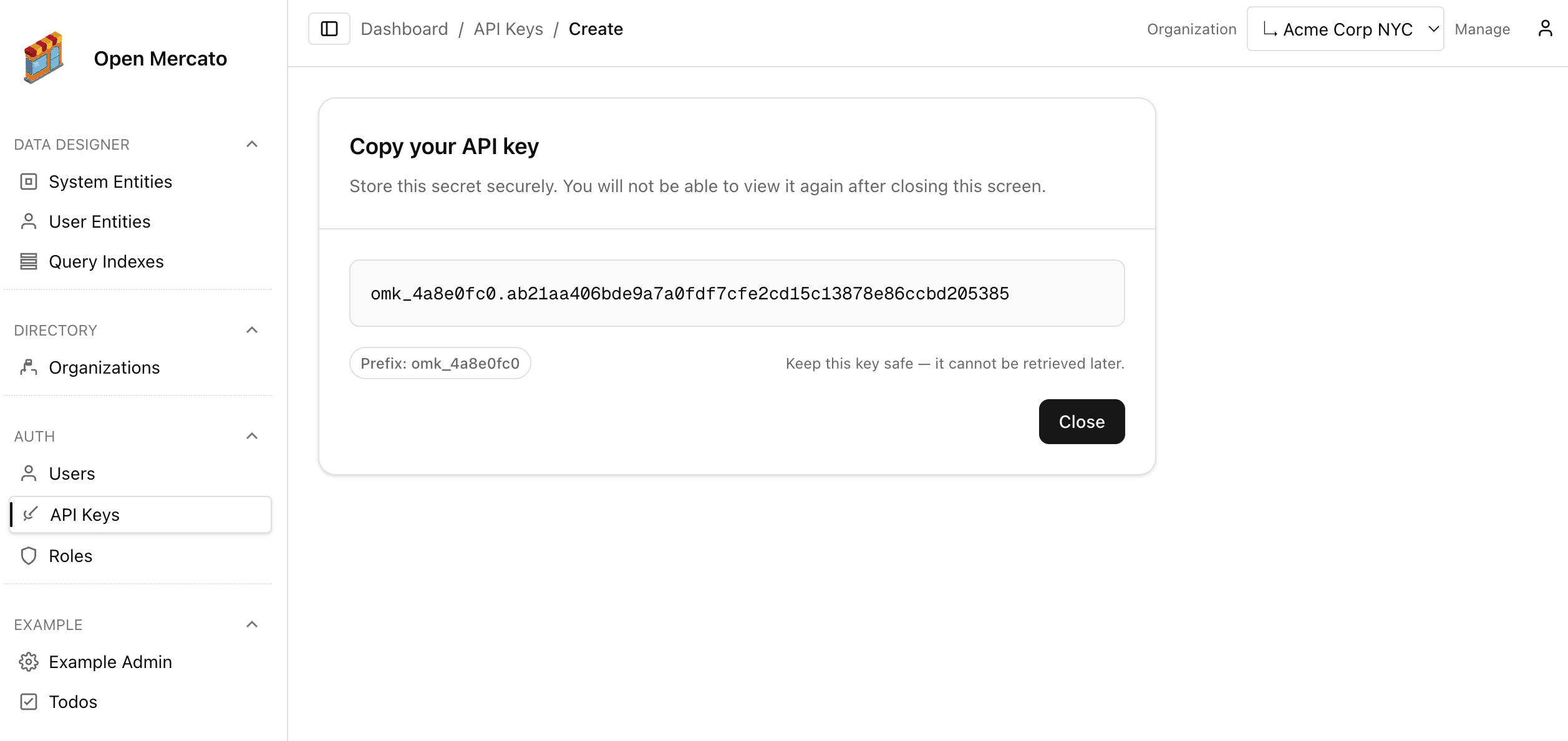 API key created modal