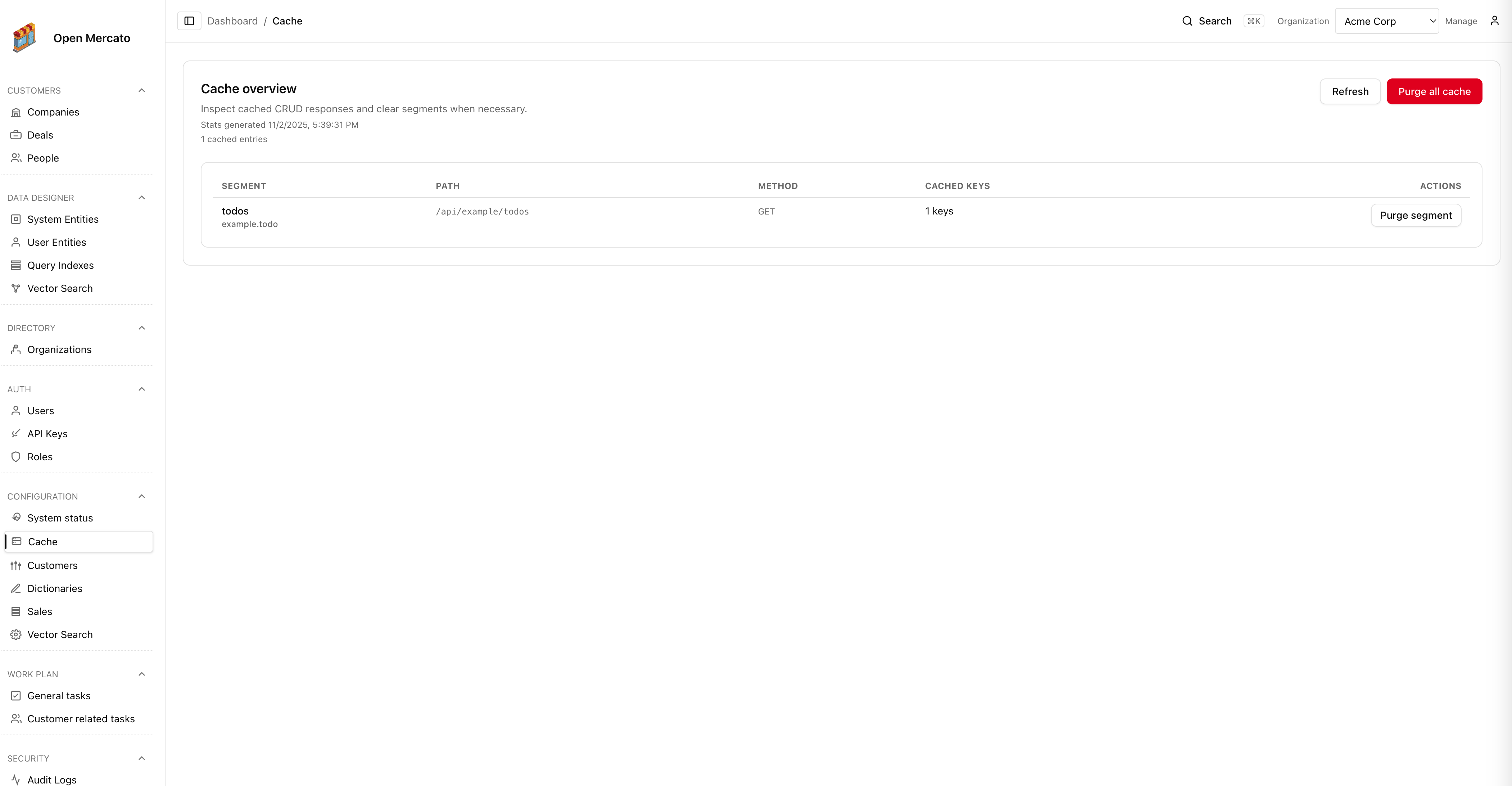 Cache management table with purge controls
