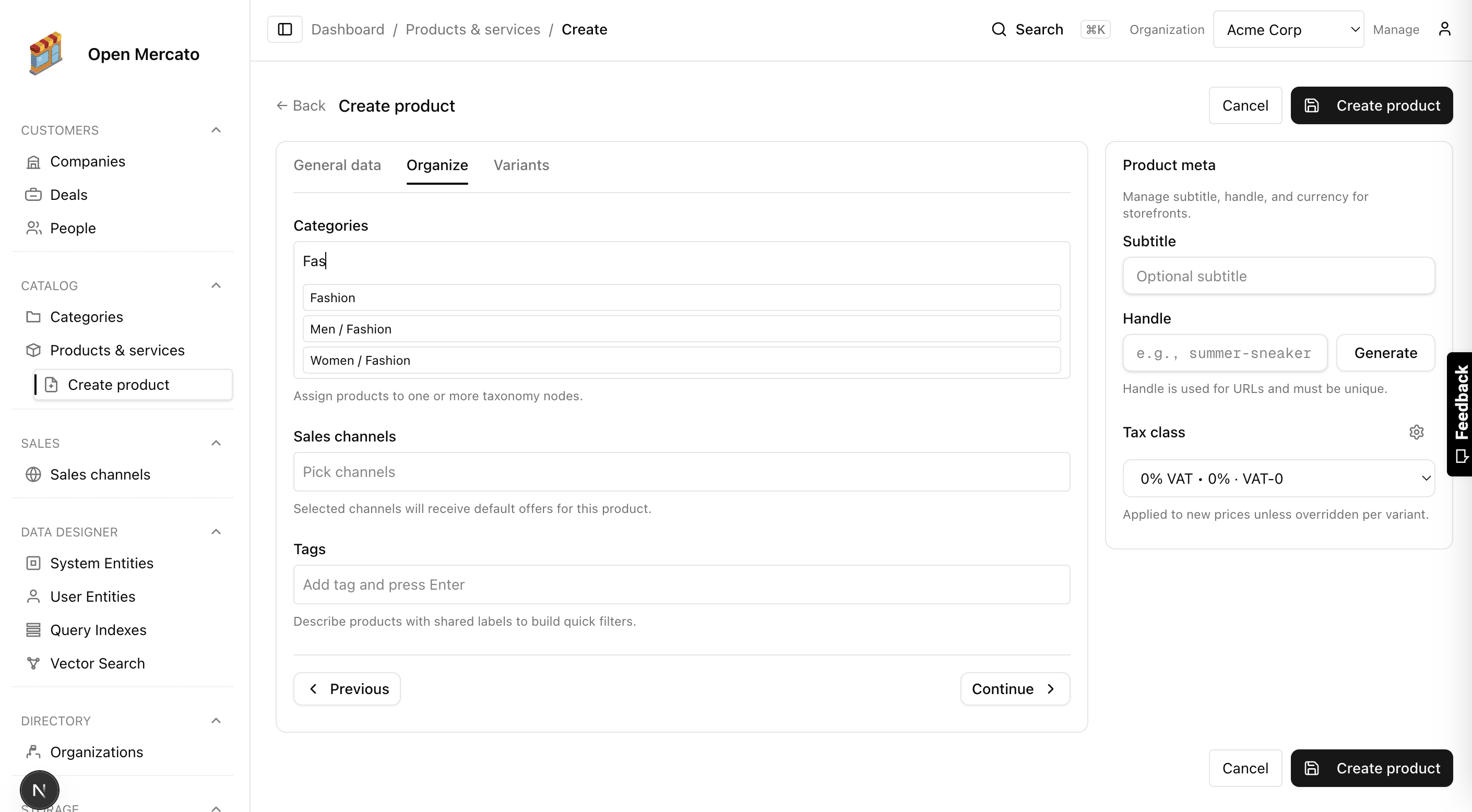Organize product taxonomy and channels