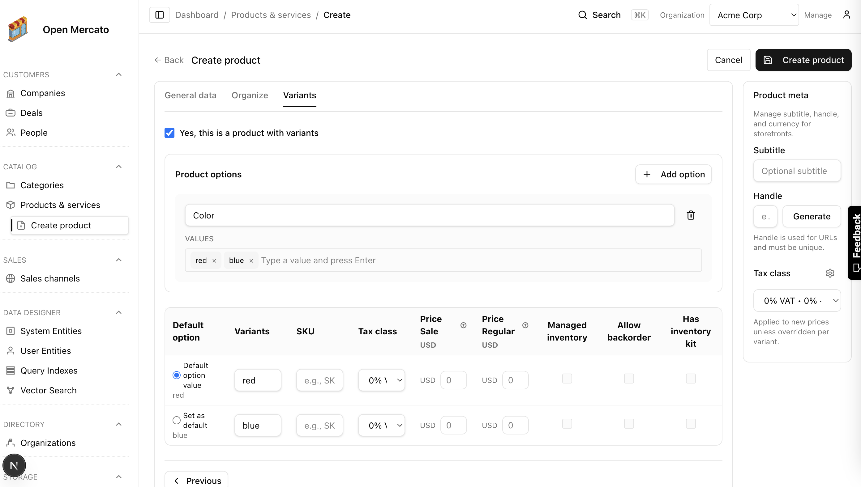 Configure variants, SKUs, and prices