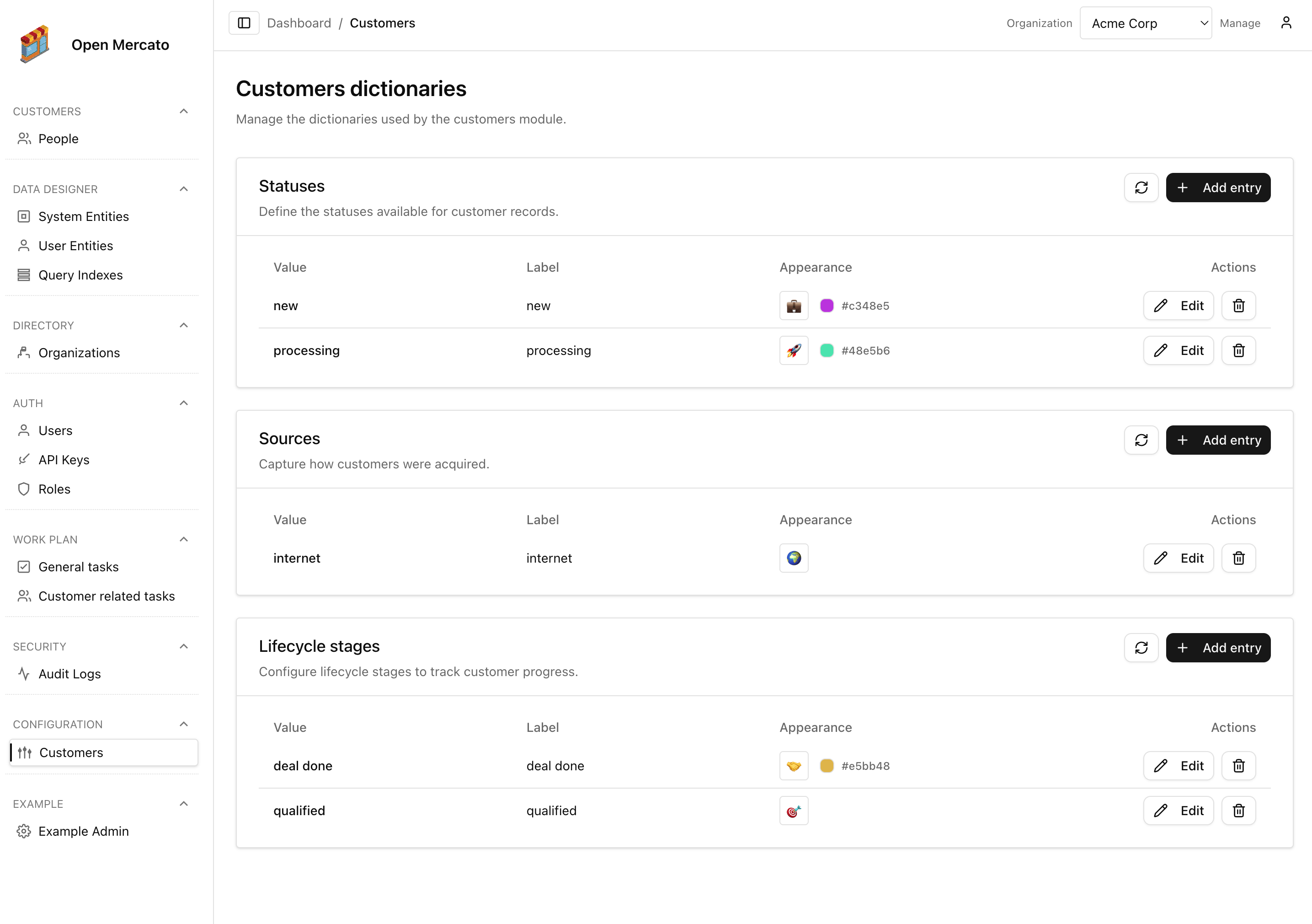 Customer profile showing dictionary-driven fields