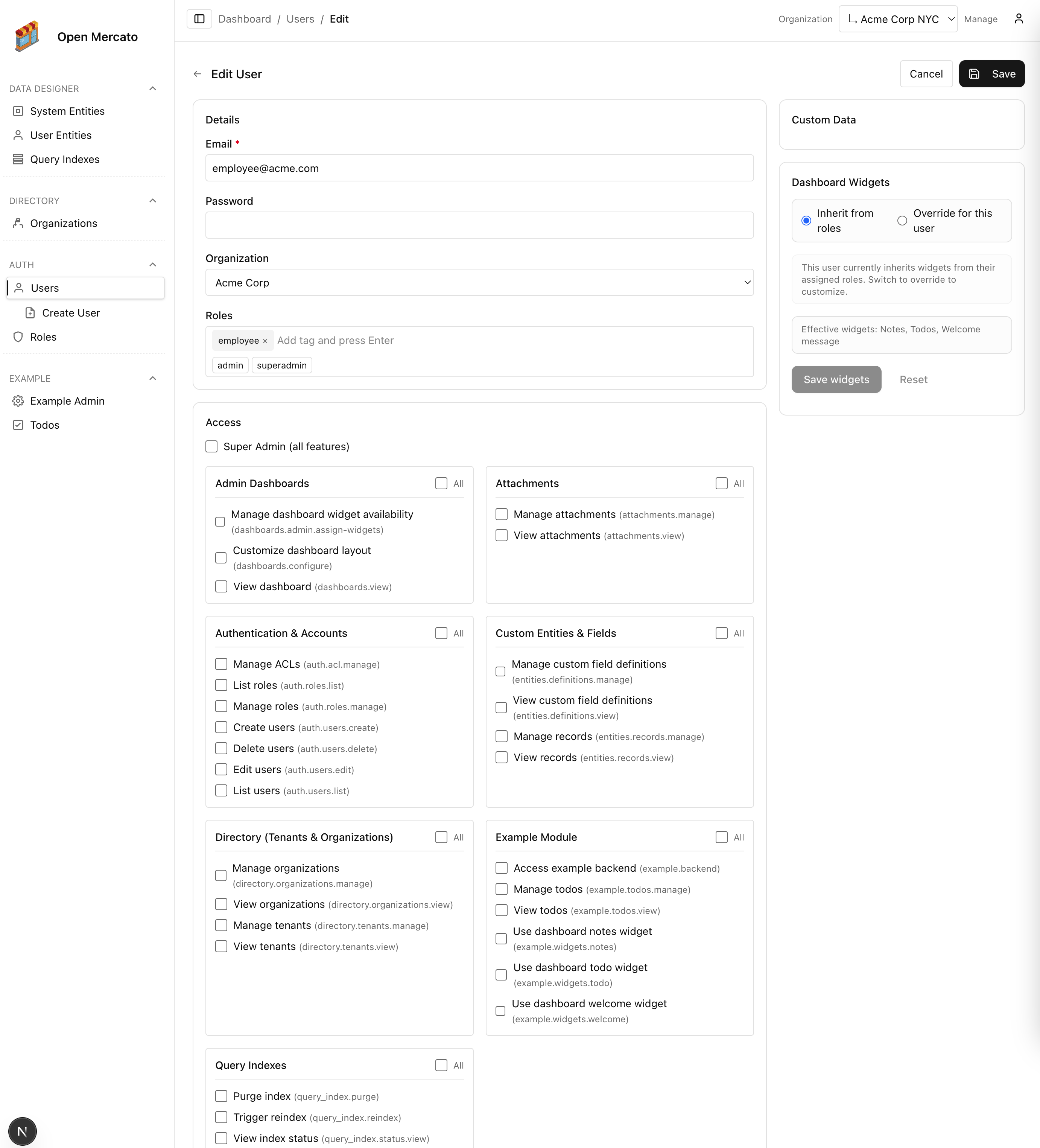 Editing a user with the custom data section