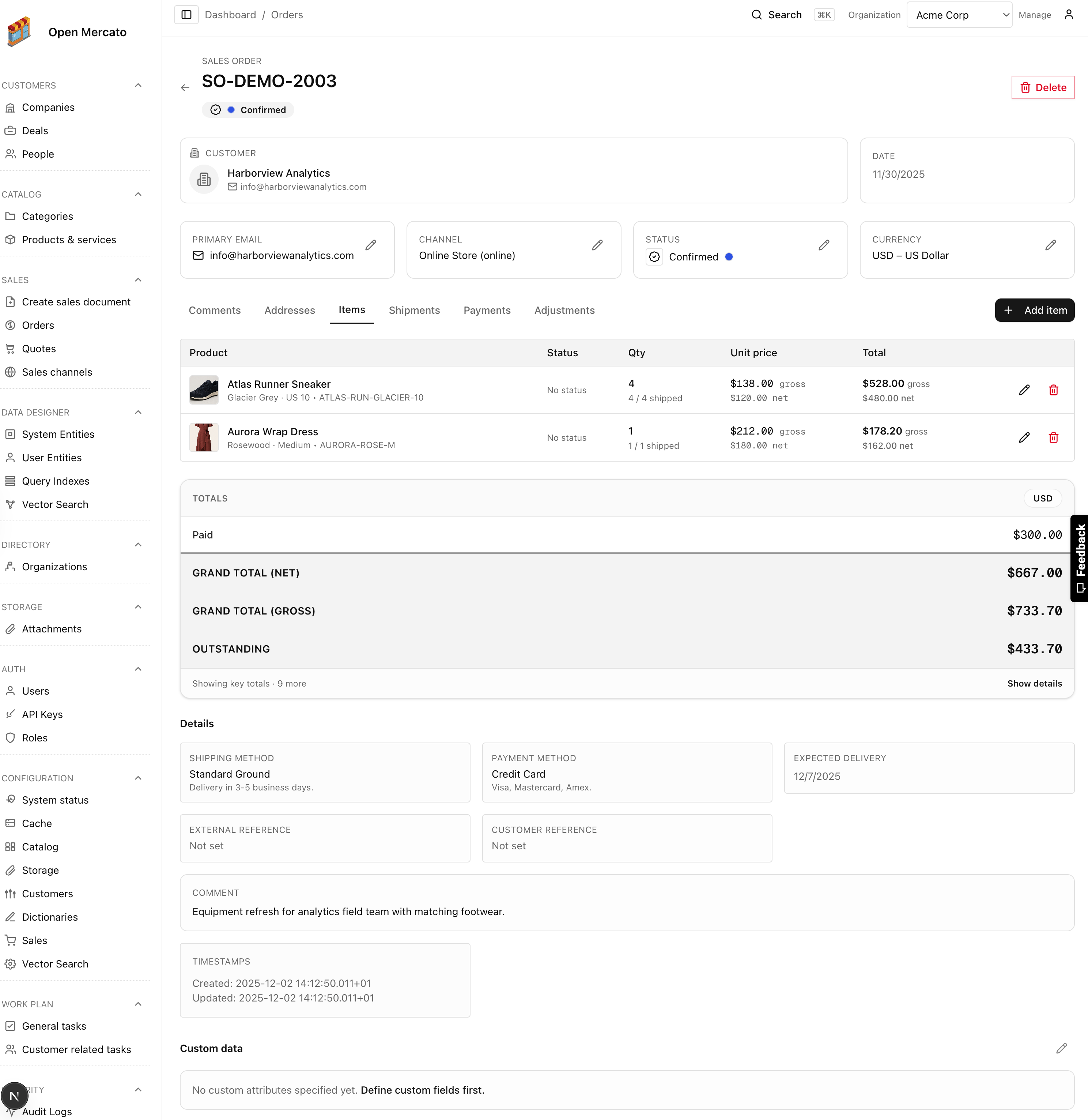 Order detail items and totals