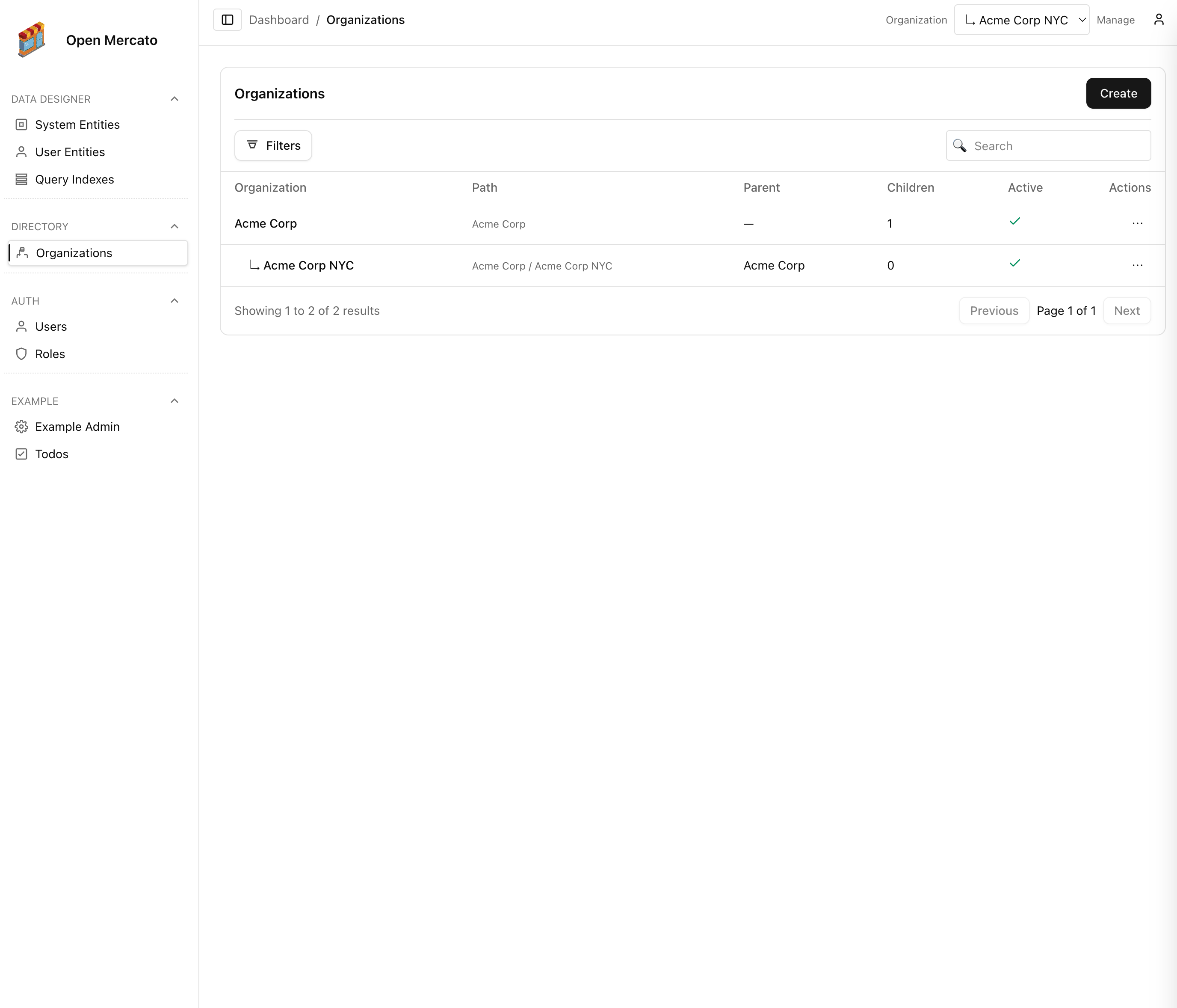 Organization management screen