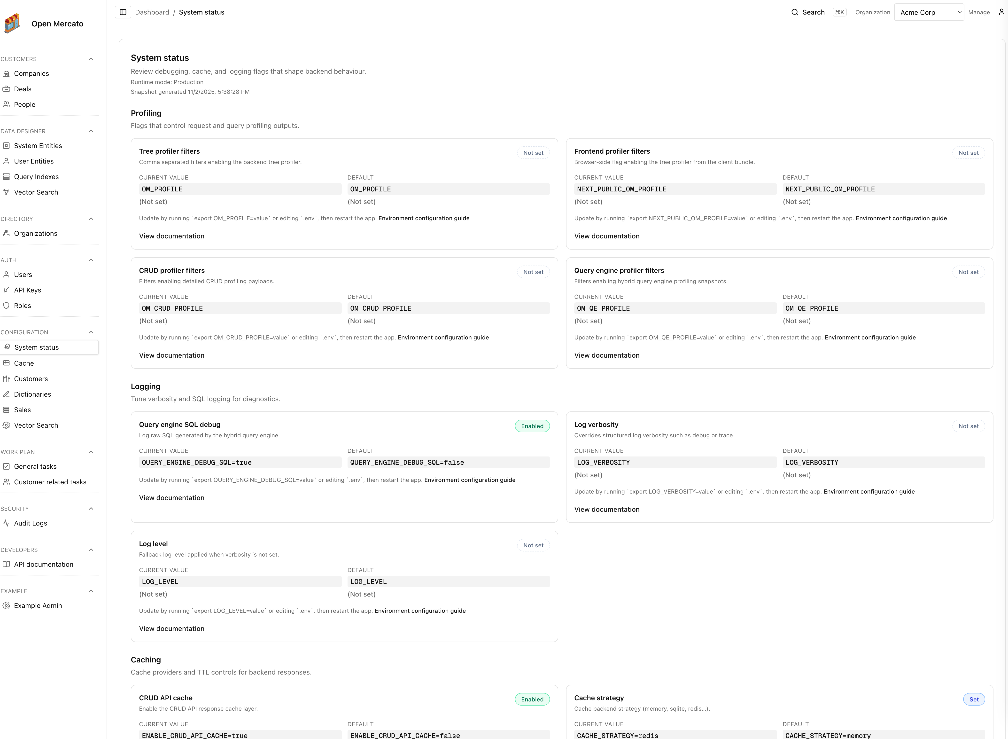 System status panels summarising logging, caching, and profiling flags