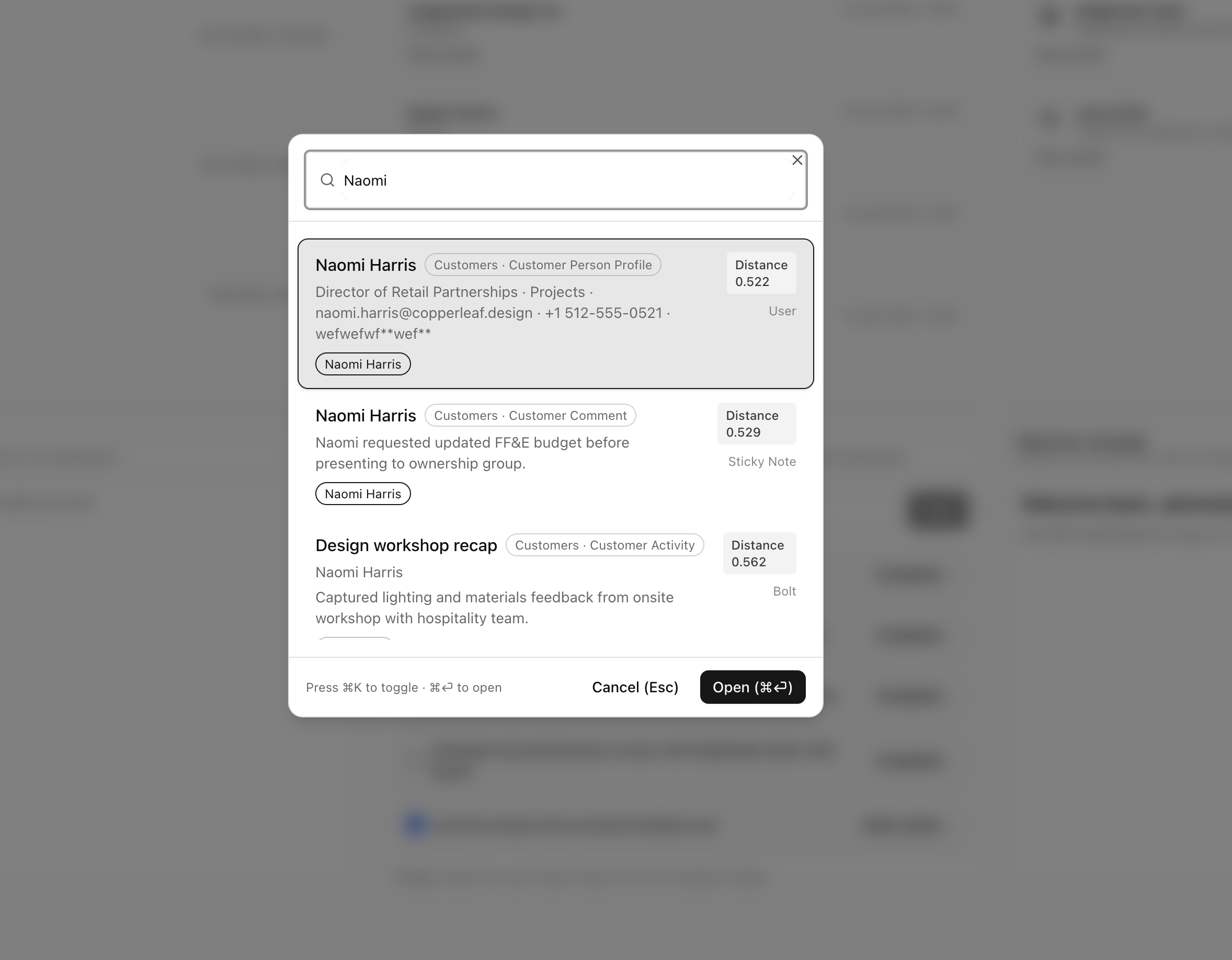 Vector search command palette with customer matches